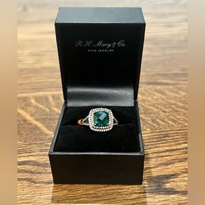 Lab created emerald earrings and ring. Ring size:7 Designer: R H Macy & Co